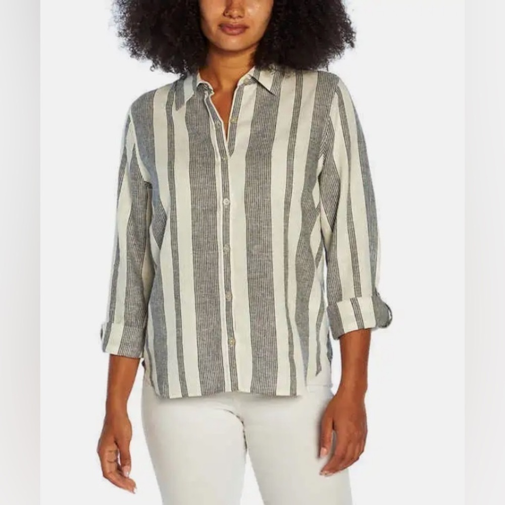 Orvis Linen Blend Striped Button Down Top